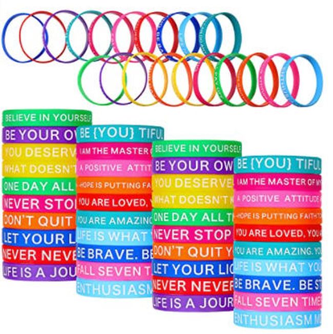 Colorful rubber bracelets with motivational sayings