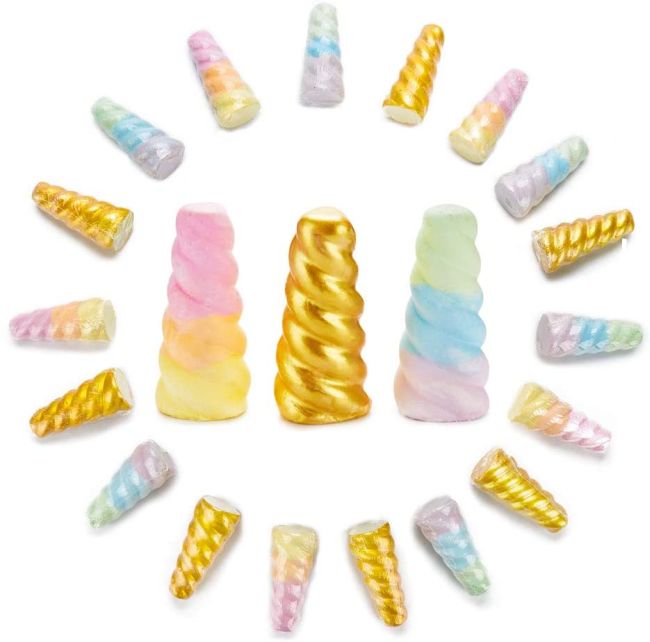 Unicorn horn-shaped sidewalk chalk in pastel colors and gold