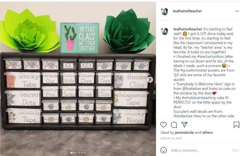 Brown classroom organizer with clear bins and two green paper flowers