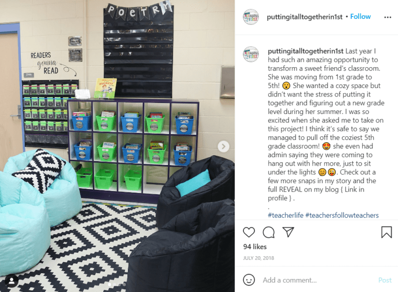 Still of inspiring fifth grade classroom ideas include bean bag chairs from Instagram
