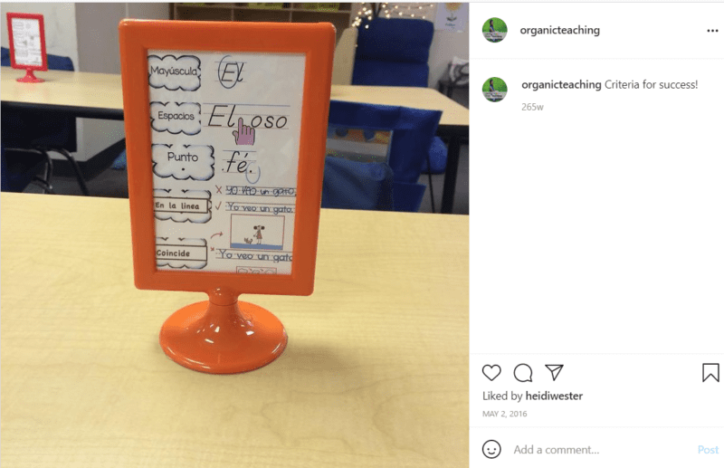 Orange plastic IKEA frame used in Spanish classroom for focus lessons