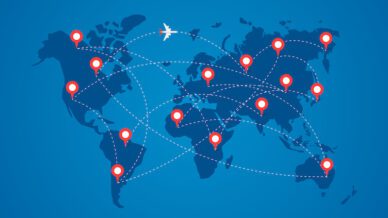 World map with destination marker pins and plane travel routs. Top view airplane with flight paths between continents vector blue illustration