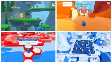 Collage of four scenes from Google's internet safety game Interland