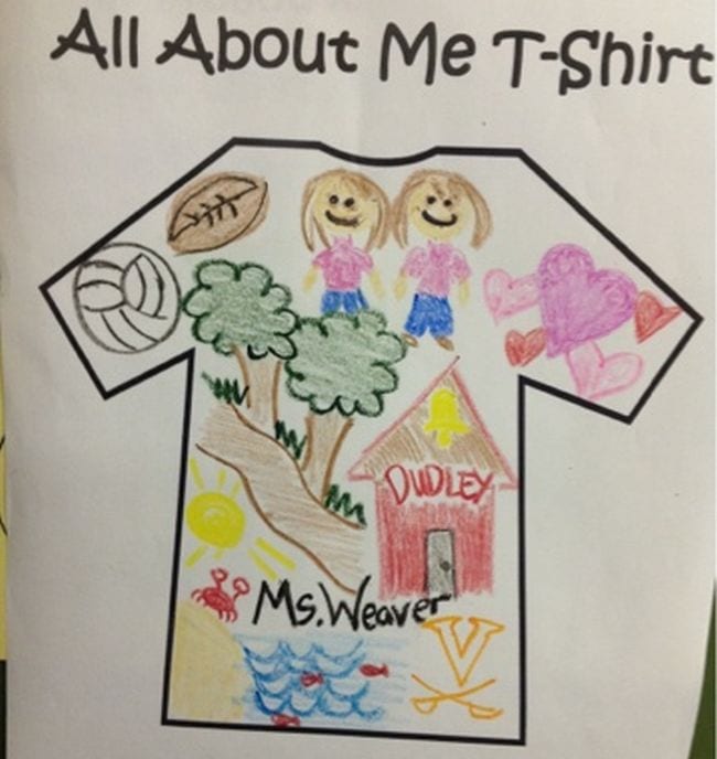 Drawing of a t-shirt decorated with pictures of a volleyball, football, house, and more