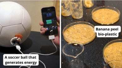 Screenshots of inventions: A soccer ball that generates energy and banana peel bio-plastic