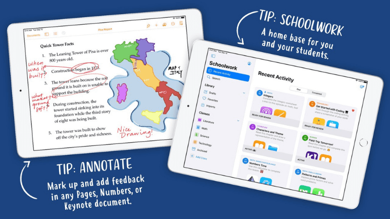 Two iPads that show teacher tips and training resources with iPad tips for teachers.