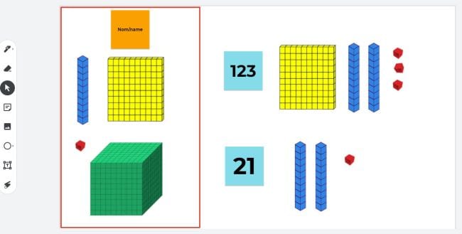 Digital base ten blocks for ones, tens, hundreds, and thousands (Jamboard)