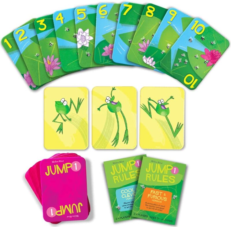 Several game cards with equations, numbers, and funny cartoon frogs are shown (math board games)
