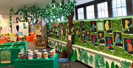 Classroom with hanging vines and jungle-themed decor