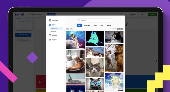 Screen shot showing how to add animated gifs to a Kahoot