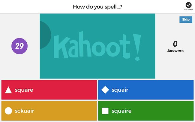 Kahoot quiz question for the correct spelling of the word "square"