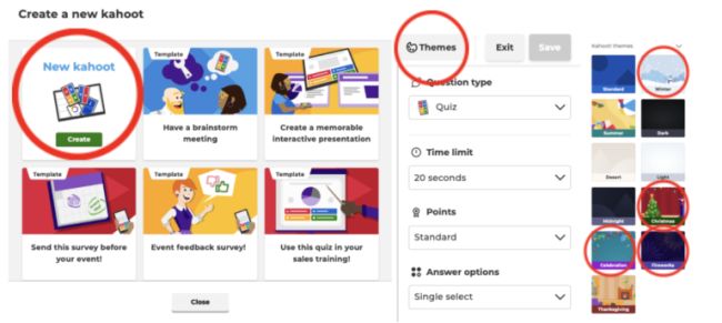 Screenshots showing how to add themes to new Kahoots