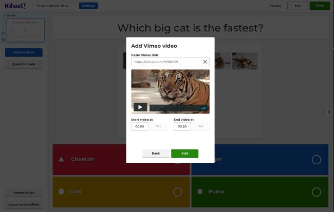 Screen shot showing how to add a Vimeo video to Kahoot