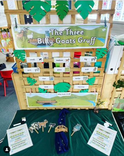 Reading group area with different activities to learn about Three Billy Goats Gruff