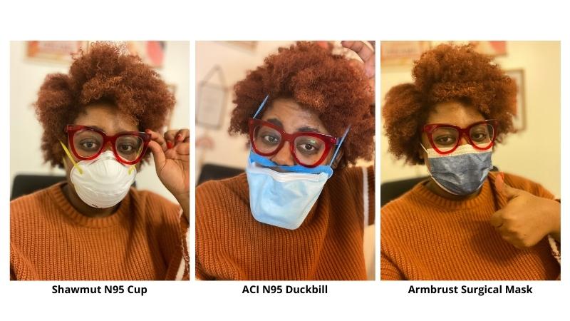 Collage of teacher with afro trying on face masks