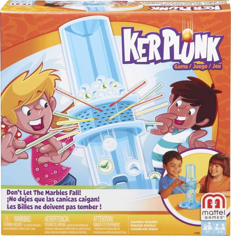 Two cartoon children play a game that has a long clear tube with sticks through it and marbles on the top (best board games for preschoolers)