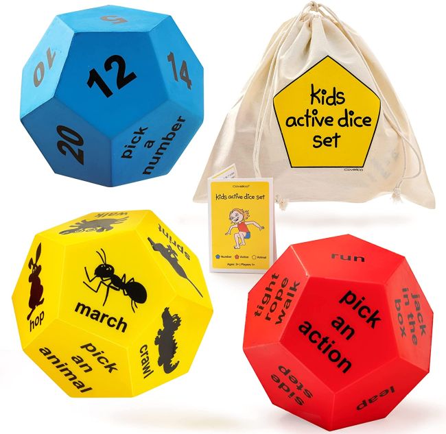 Polyhedral foam exercise dice with numbers and actions