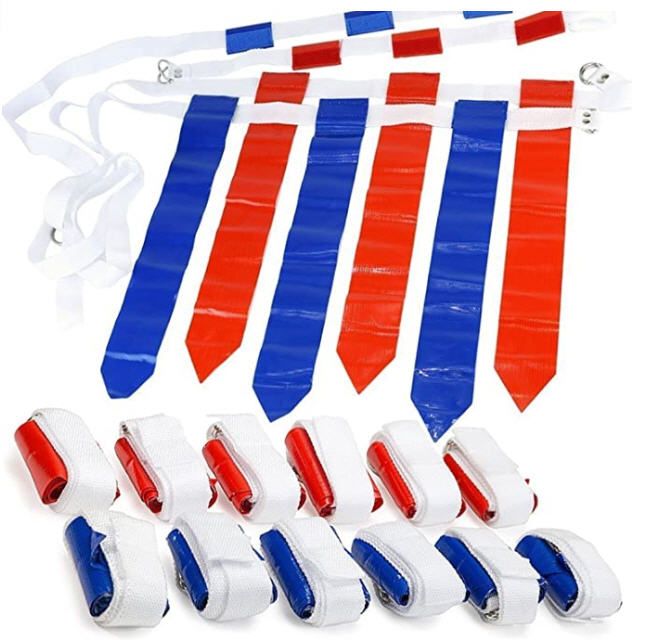 White nylon flag belts with three red or blue flags attached to each