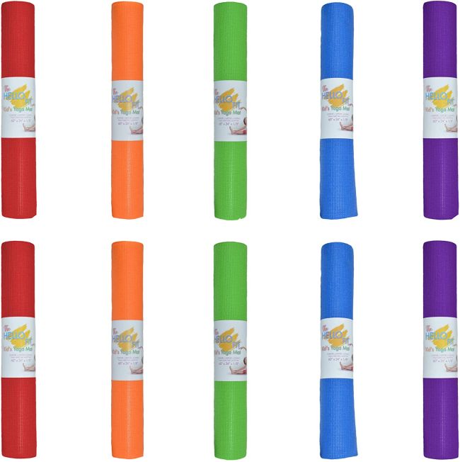Brightly colored rolled up kids yoga mats 