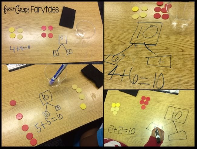 Collage von Matheaufgaben, die auf Tische geschrieben wurden, mit doppelseitigen Chips, die jede Zahl repräsentieren (Kindergarten-Mathe-Spiele)