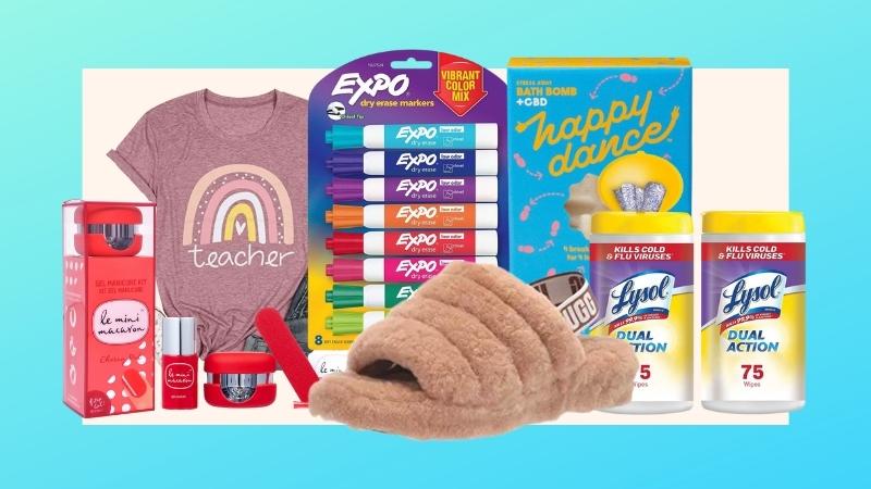 Collage of products from our list of kindergarten teacher gifts