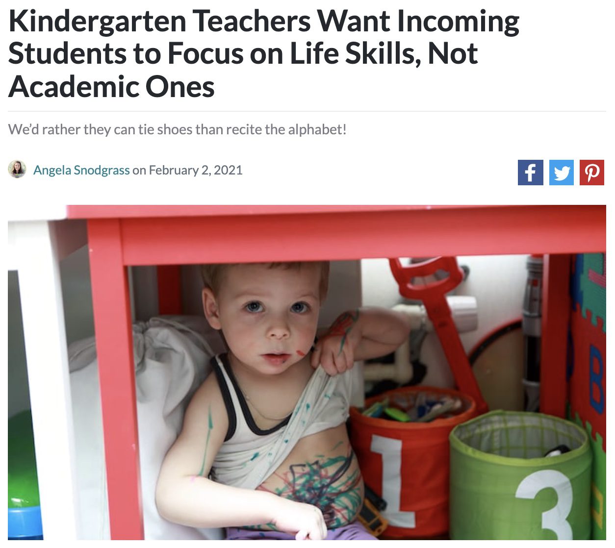 Screencap of an article about what kindergarten teachers want to focus on