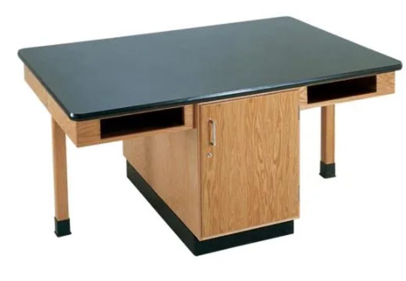 Wooden lab table with black top and storage