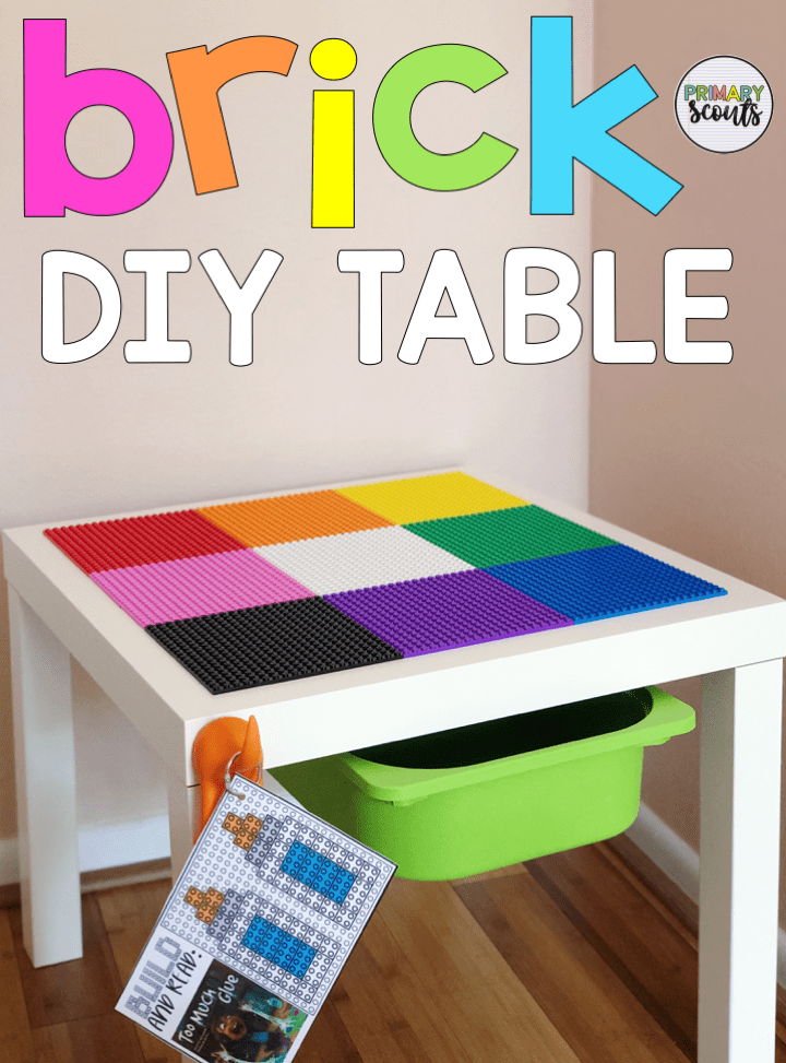 A small, white table is shown with 9 multi-colored Lego baseplates on the top. A green drawer is under the table.