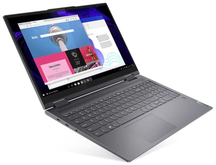Lenovo Yoga 2-in-1 laptop open to show screen and keyboard