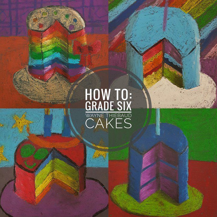 Four multi layer cakes are shown cut into. They are drawn using oil pastels.