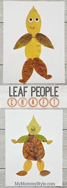Two people are made entirely out of leaves glued together.  Text reads "Leaf People Craft" in this fall art project.