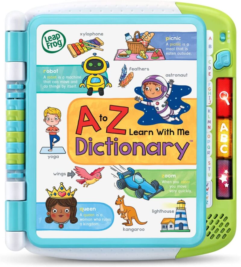 A hard plastic book says A to Z Dictionary. It has cartoon drawings of different things on the cover like a diver and an astronaut. It has buttons on the right-hand side. (dictionaries for kids)