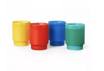 Yellow, red, blue, and green LEGO Collection x Target ceramic tumbler mugs
