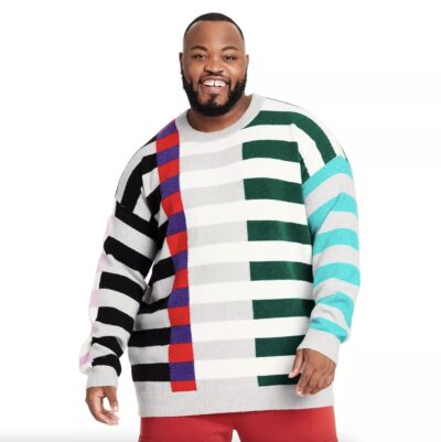 Man wearing LEGO Collection x Target color block sweater