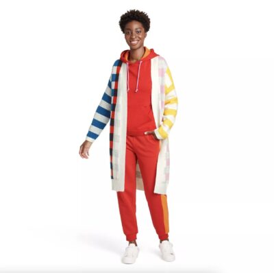 Woman wearing LEGO Collection x Target long color block cardigan