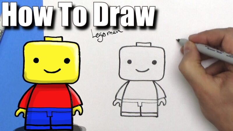 A simple lego man is shown on one side colored in and a hand is shown drawing it on the other side. 