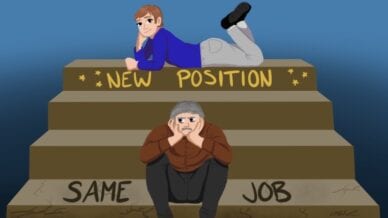 Young teacher on top stair with text "New Position" and older teacher on bottom step with text "Same Job"