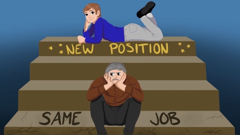 Young teacher on top stair with text "New Position" and older teacher on bottom step with text "Same Job"