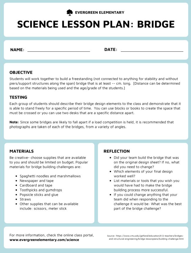 Elementary science lesson plan example for building a bridge