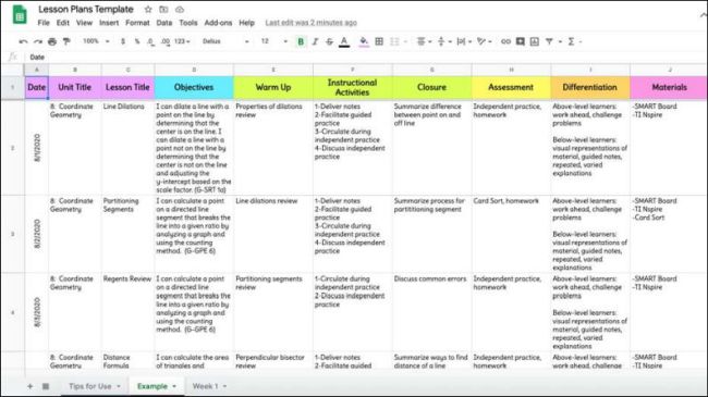 Example of using Google Sheets to create weekly lesson plans