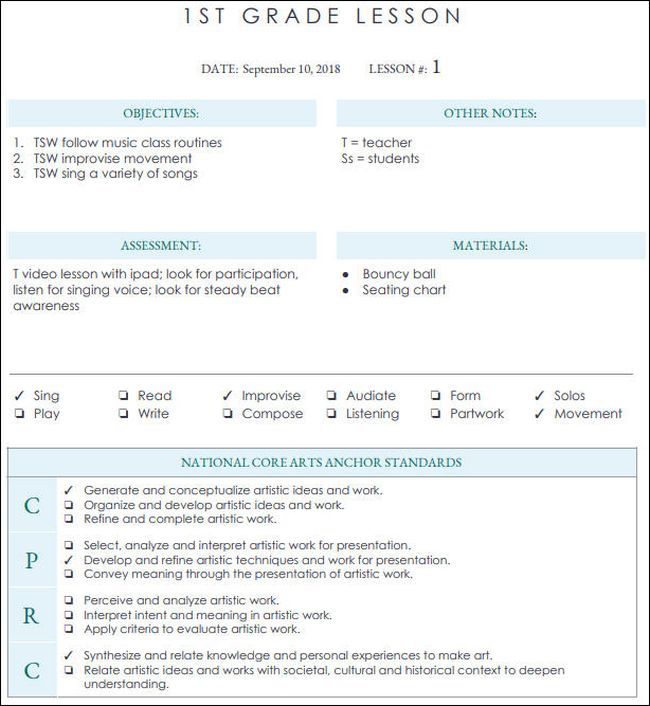 Music class lesson plan example for first graders