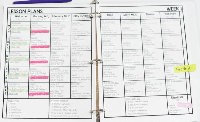 2-page handwritten lesson plan overviews for one week at elementary school
