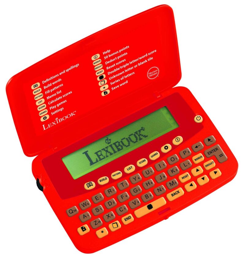 A small red, flip open dictionary is shown. It has a screen and a keyboard (dictionaries for kids)