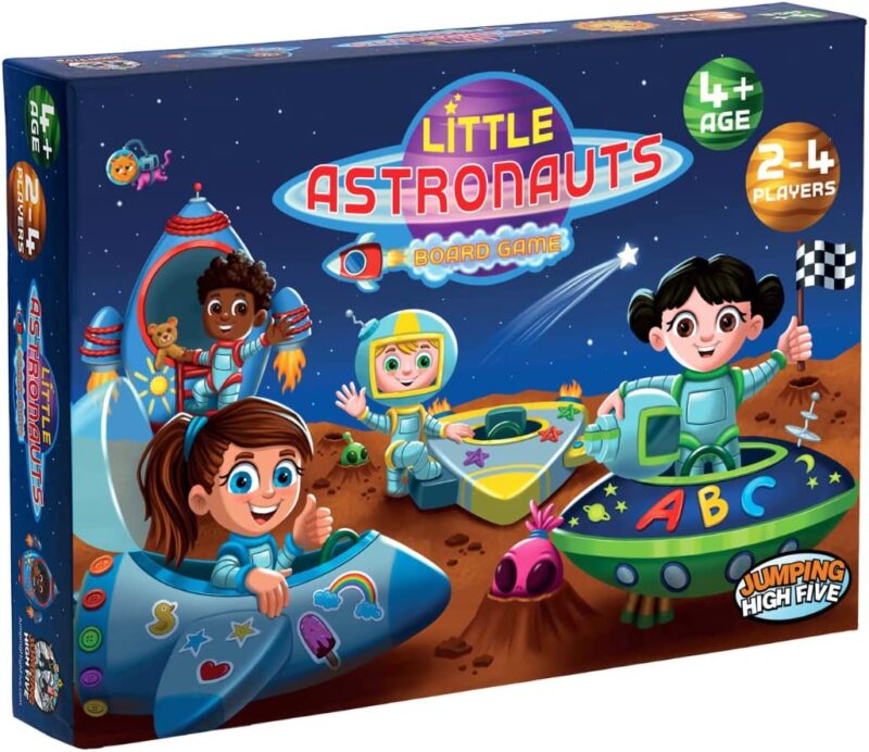 A box says Little Astronauts and has cartoon kids in spaceships.