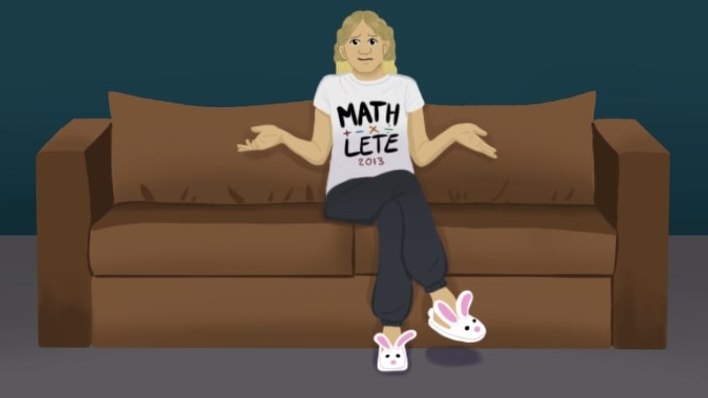 Teacher in Mathlete t-shirt, sweatpants, and bunny slippers on brown couch