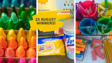 Collage of school supplies with callout '25 August Winners'