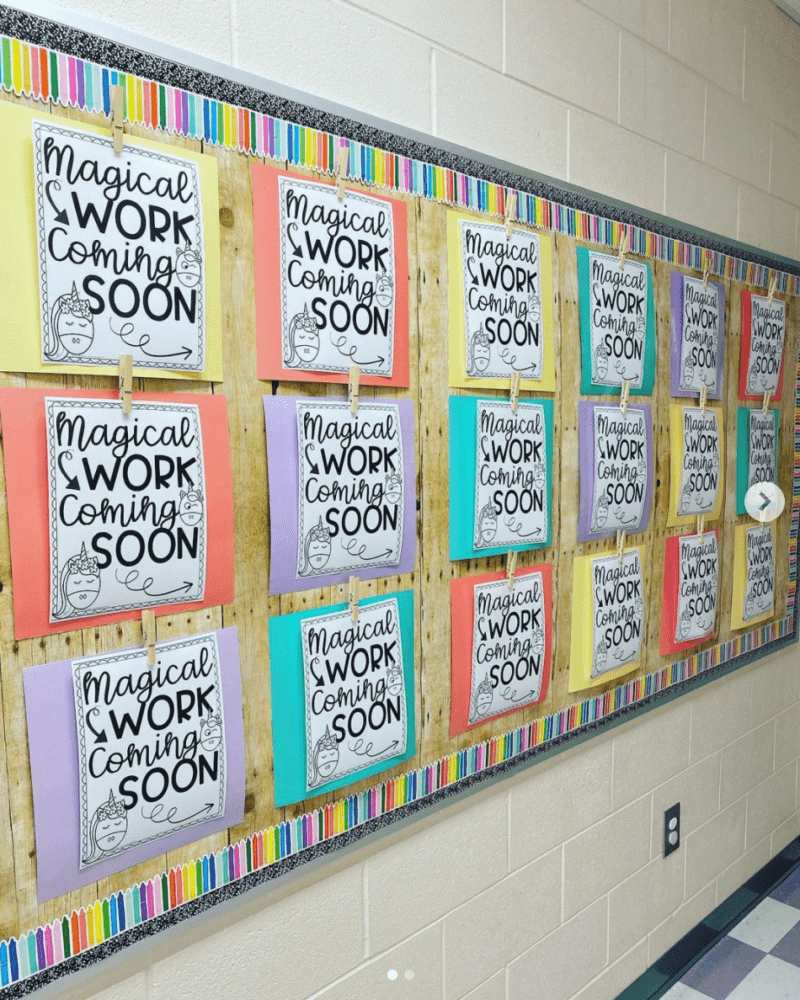 Bulletin board with large signs saying 
