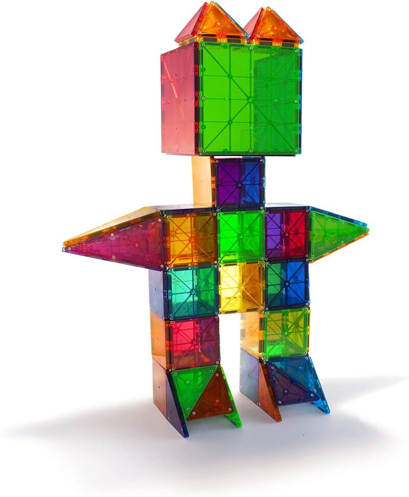 Small magnetic squares in rainbow colors have been attached to form a human shape.