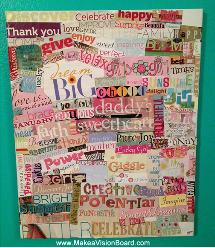 Gratitude vision board with magazine cut-outs.