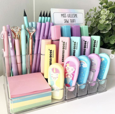 Makeup organizer on teacher desk